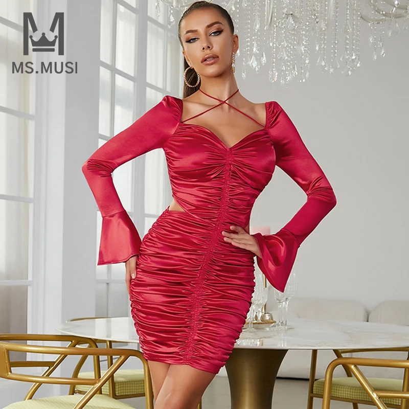 

MSMUSI 2023 New Fashion Women Sexy Halter Lace Up Fold Hollow Out Long Sleeve Bodycon Party Club Event Satin Mini Dress Vestidos