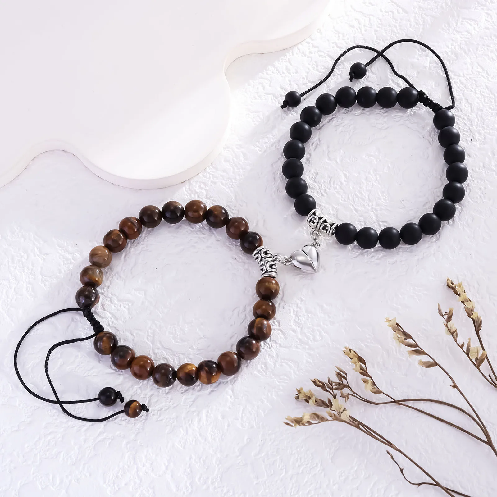 Natural Stone Beaded Heart Magnet Attraction Couple Bracelets for Women Men Simple Love Relationship Bracelet Jewelry 2Pcs/Set