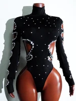 rhinestHollow Out Sexy Black Women Bodysuit pants Sets Long Sleeve Turtleneck Bodysuits Clubwear Costumes Stars Hot Singer Stage - Image 4