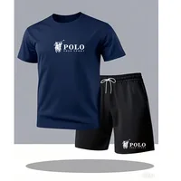 Ensemble T-shirt et short de sport POLO pour homme, manches courtes, été, décontracté, respirant, tenue 2 pièces pour homme, streetwear, survêtement 3