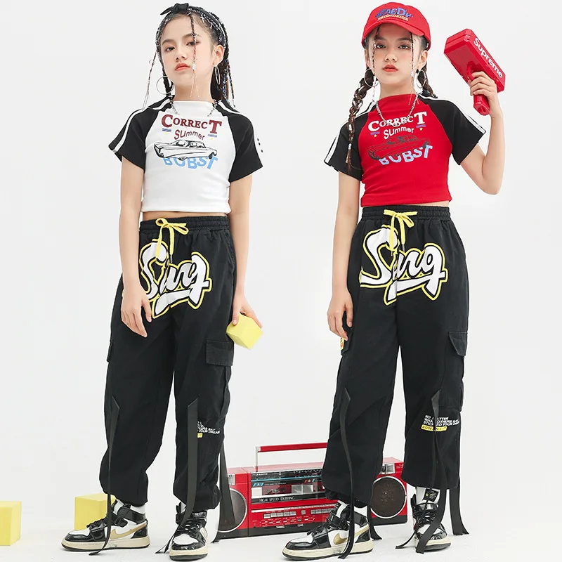 

Hip Hop Girls Pantchwork Crop Top Cargo Pants Kids Contrast Sleeves T-shirt Streetwear Joggers Child Street Dance Clothes Sets