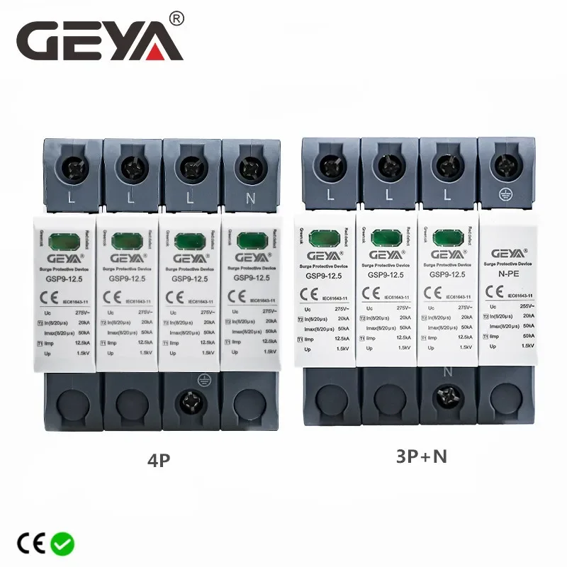 GEYA GSP9 12.5KA T1+T2 SPD 4P 3P+NPE 서지 보호기 275VAC 림프:7/12.5KA 주택 번개 서지 피뢰..