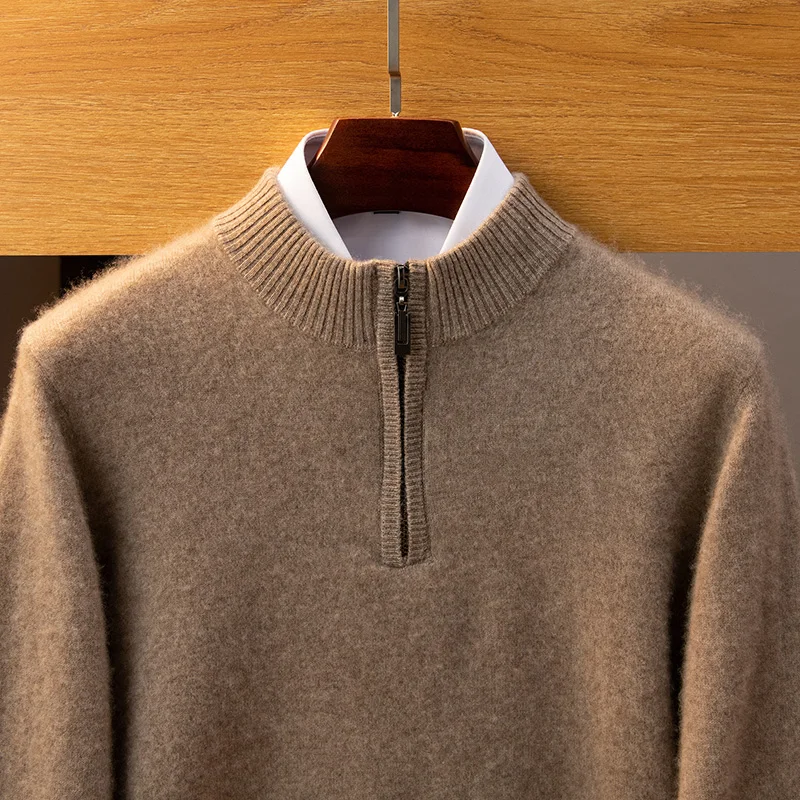 DjzDsm Men's 100% Cashmere Sweater Half High Collar Top Zipper Decorative Knitted Sweater Cashmere Sweater Autumn/Winter 3