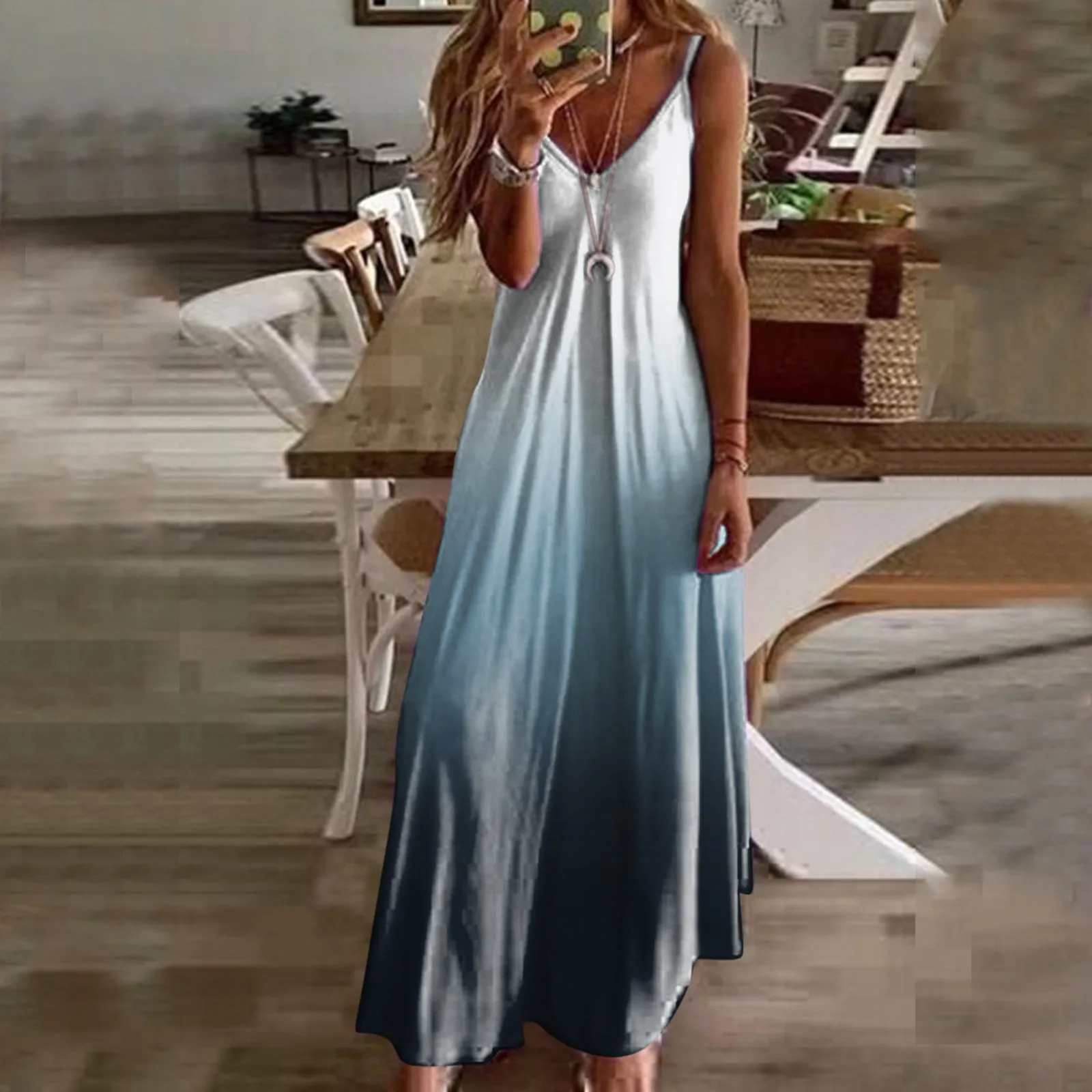 

Vacation Robe For Women Summer Long Dress Gradient Casual Sexy Sleeveless Spaghetti Straps Dresses Beach Sundress