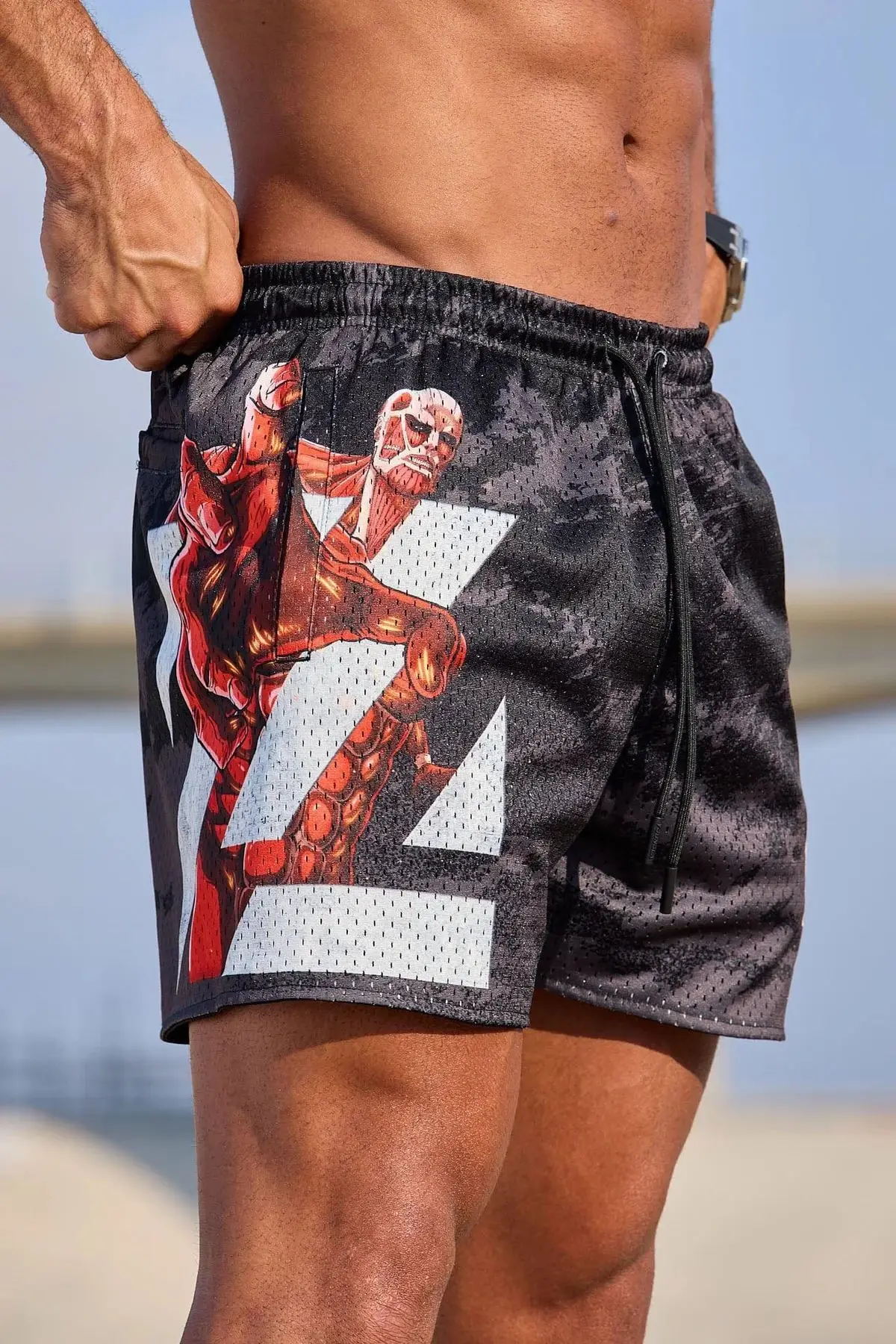 American Men's Fashion Shorts Cool Anime Style Mesh Quick-drying Breathable Stretch Drawstring Shorts Casual Beach Pants 5
