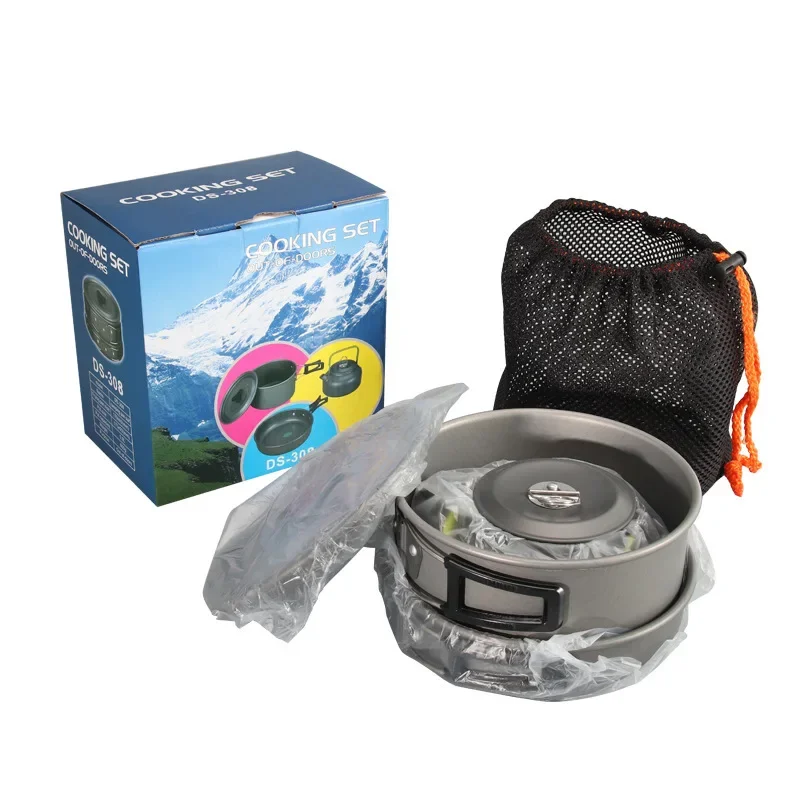 Portable Outdoor Camping Hard Anodized Aluminum Pot Set 2-3 People Tea Pot Combination Camping Cookware Set