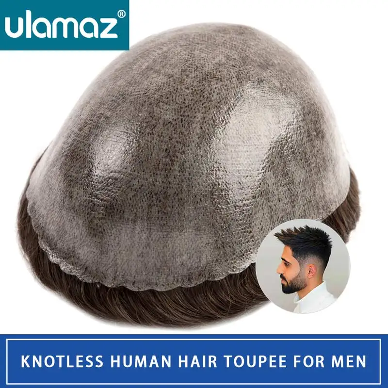 Human Hair Toupee Knotless Skin Hair System For Men 0.1-0.12mm Microskin Male Hair Prosthesis Human Men's Toupees Prosthesis Man Wig PU