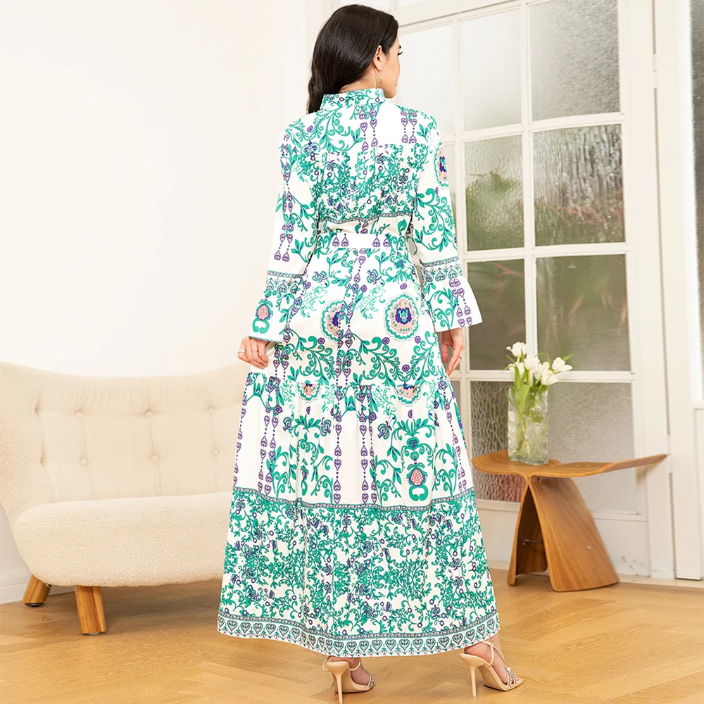Elegant style V-neck Flowers Plant Buttons Belt Flared sleeve Long Dresses