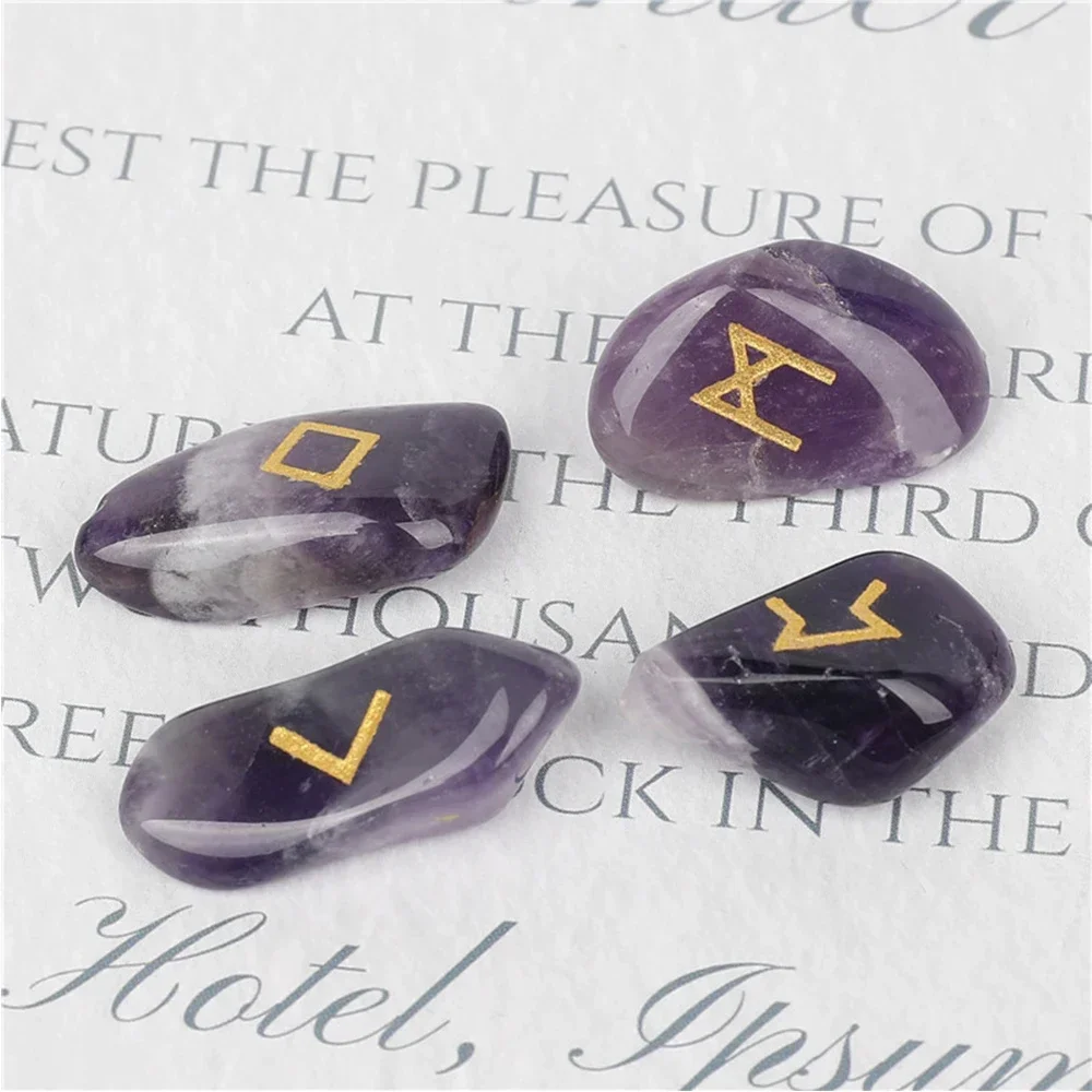 25 PC Natural Crystal Rune Stone Set Nordic Rune Letter Amethyst Gem Irregular Agate Divination Healing Stone Lucky Decoration