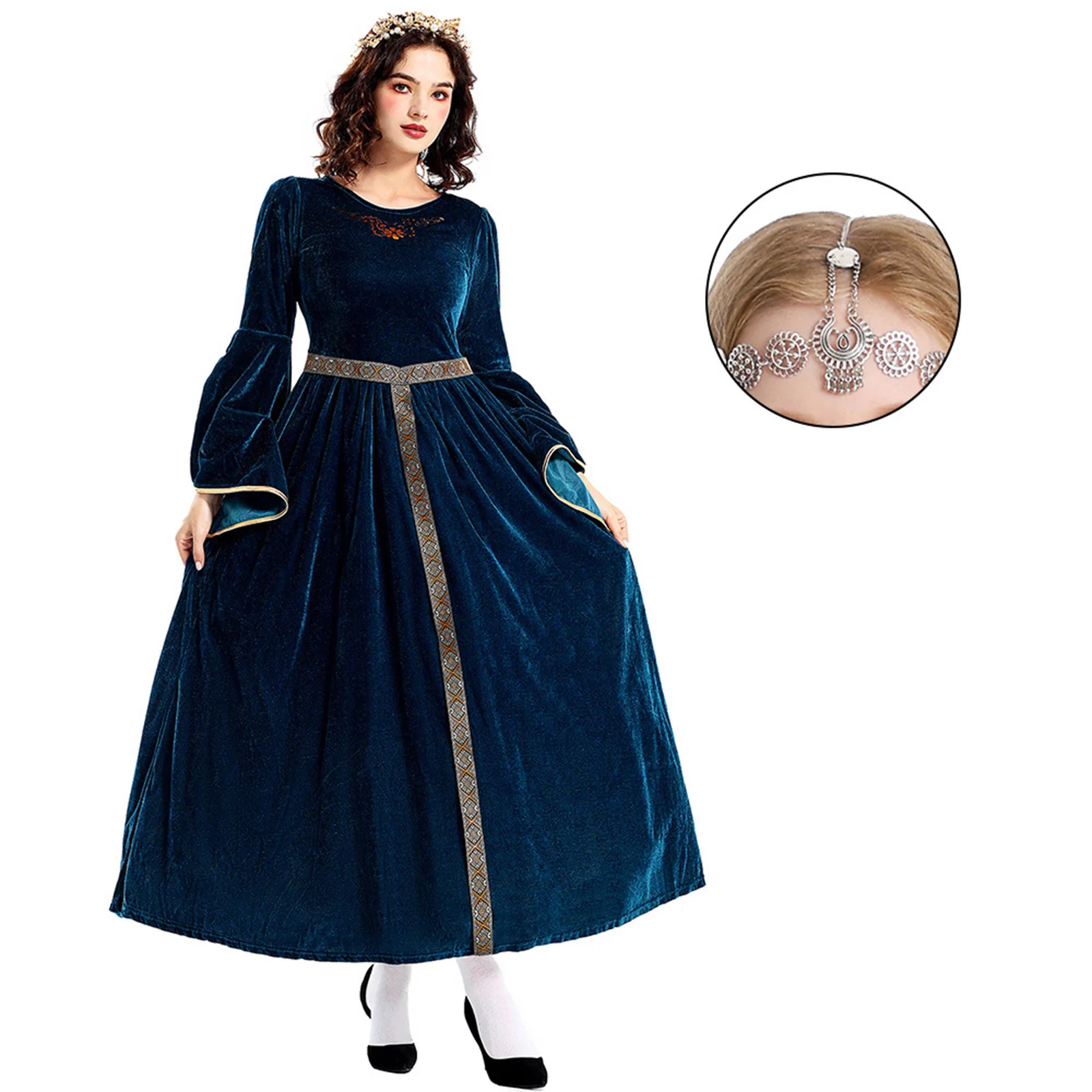thumbnail image 1 of Vestido medieval retro de corte con mangas acampanadas, disfraz de reina renacentista para mujer, traje de fiesta de Halloween para actuación, 1 of 5