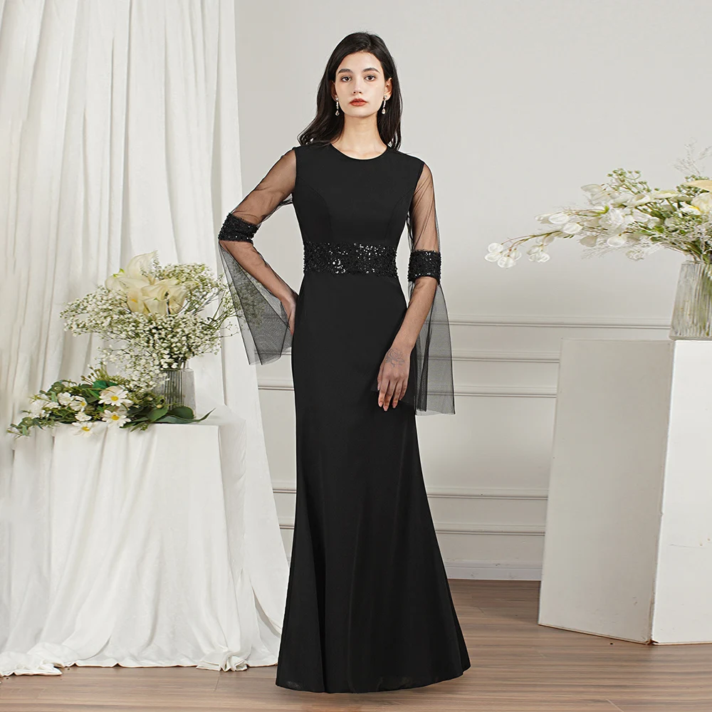 

Beading Round Neck Evening Dress Flare Sleeve Black Evening Dress Sequin Illusion See Through Sheath Formal Evening Gown