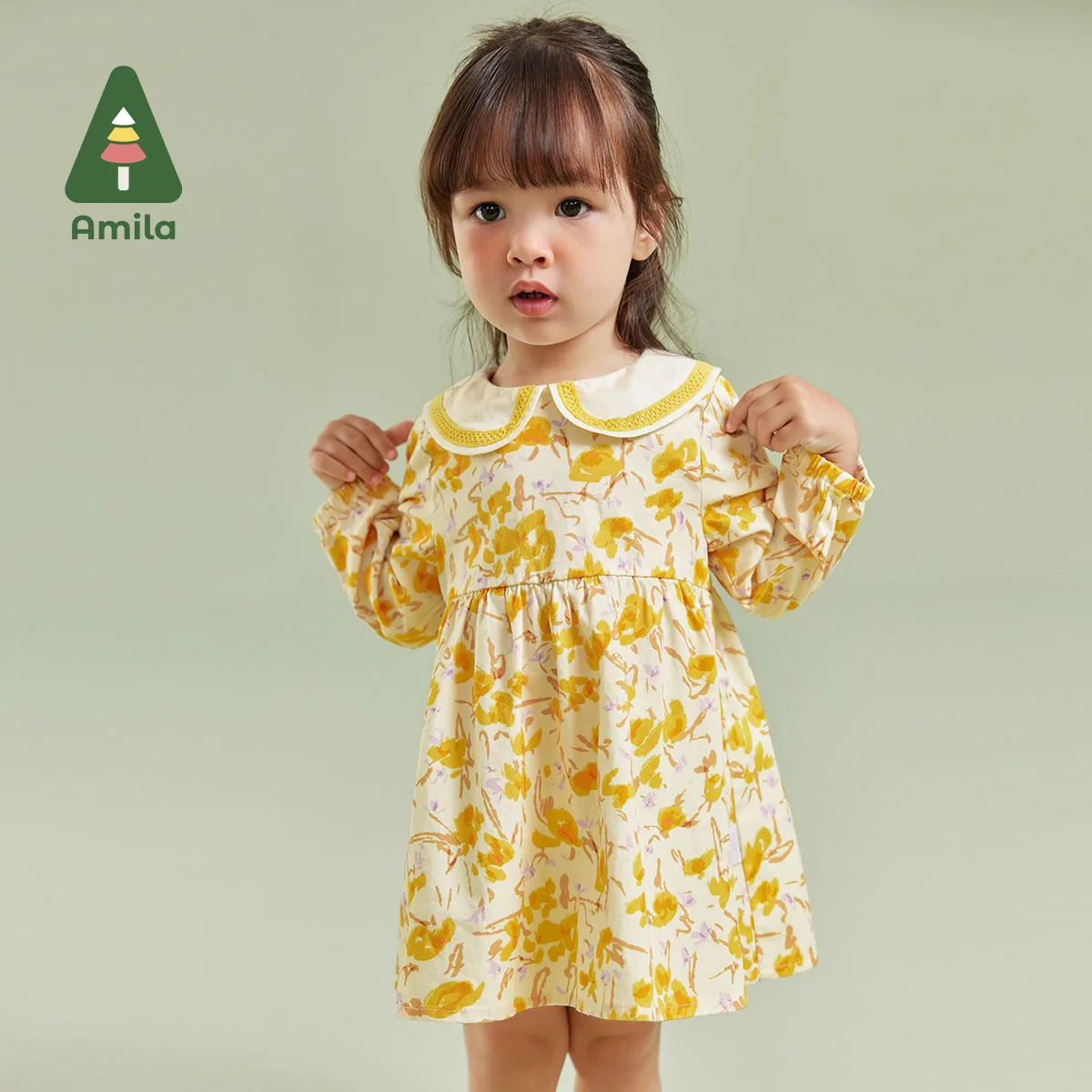 

Amila Children's Clothing 2023 New Autumn Cute Cotton Doll Collar Floral Soft Loose Fit Warm Insulation Dress Girls Baby