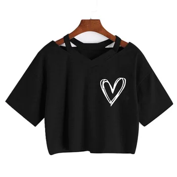 Women's Sexy Crop Tops with Heart Print Short Sleeve Cropped T Shirt Drawstring Graphic Tshirt Fashion T-shirt Clothes 1