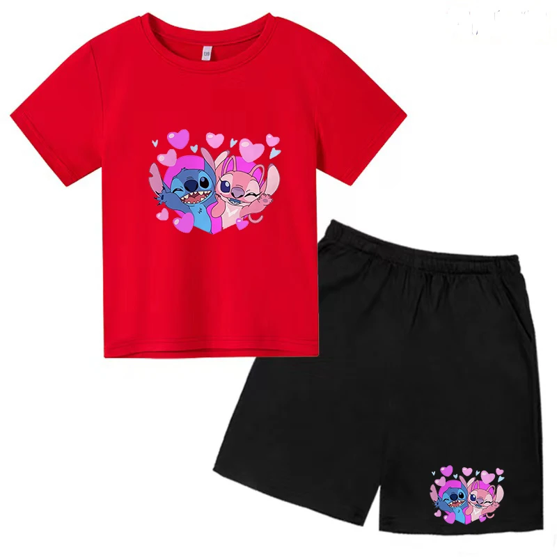 

Children's Summer T-shirt 3-12Y Stitch Anime Print Boys Girls Preschool Fashion Top+Casual Shorts 2P Party Sports Charming Set