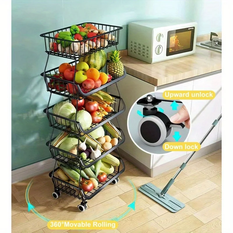 Fruit Vegetable Storage Basket 5 Tier Stackable Fruit Storage Rolling Cart Metal Wire Vegetable Baskets Bins Rack with W 4