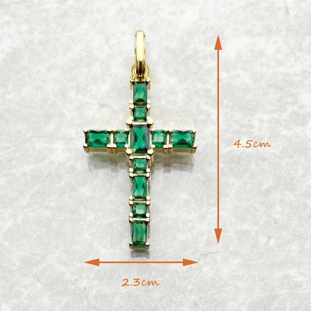Pendant Necklace Silver Pendant Gold Plated Cross Green Stones