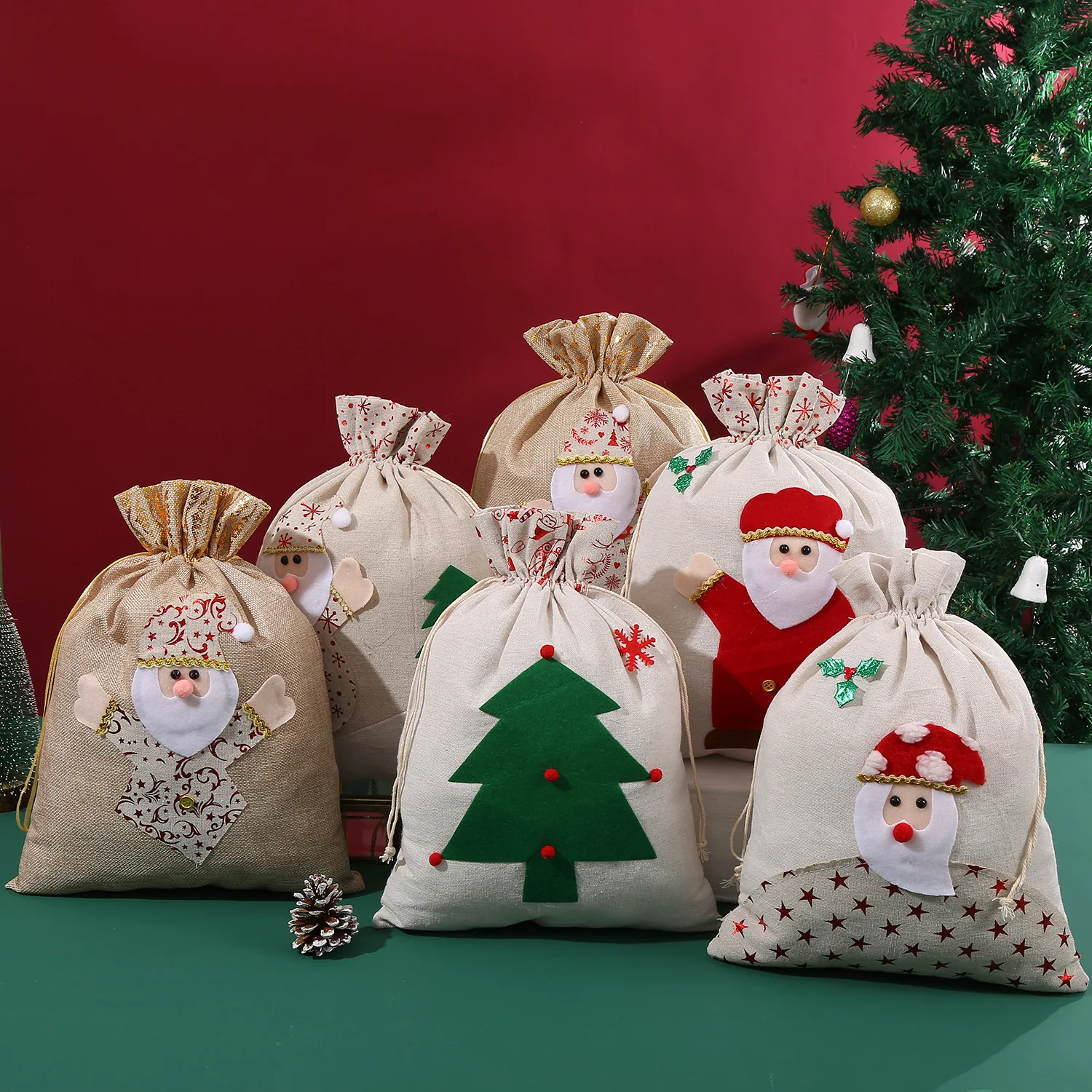 

Large Christmas Cotton Linen Gift Bag Christmas Candy Bag Bundle Mouth Santa Claus Gift Bag Christmas Decoration