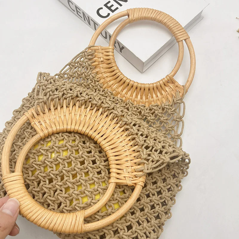 Rope Crochet Fishing Net Handbags Round Wicker Handle Beach Bag Handmade Knitting Woven Bags for Women Hollow Mesh Straw Bag New