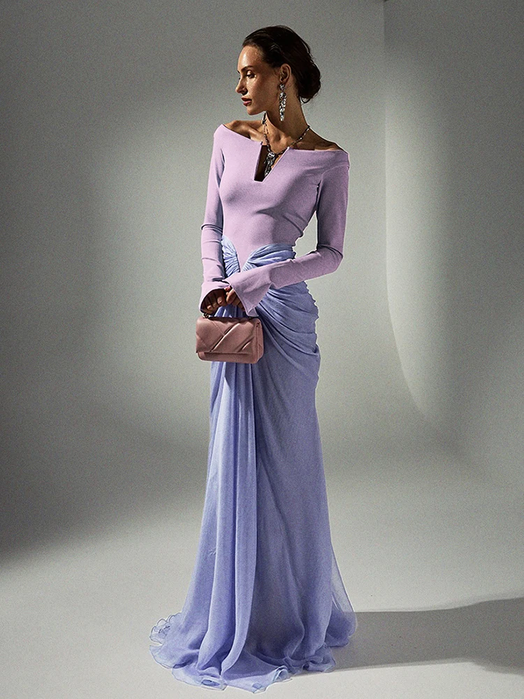 Nibber Full Sleeve Patchwork Maxi Dress Women v-Neck Folds High Split Skinny Stretch Elegant Banquet Vacation Chic Vestidos