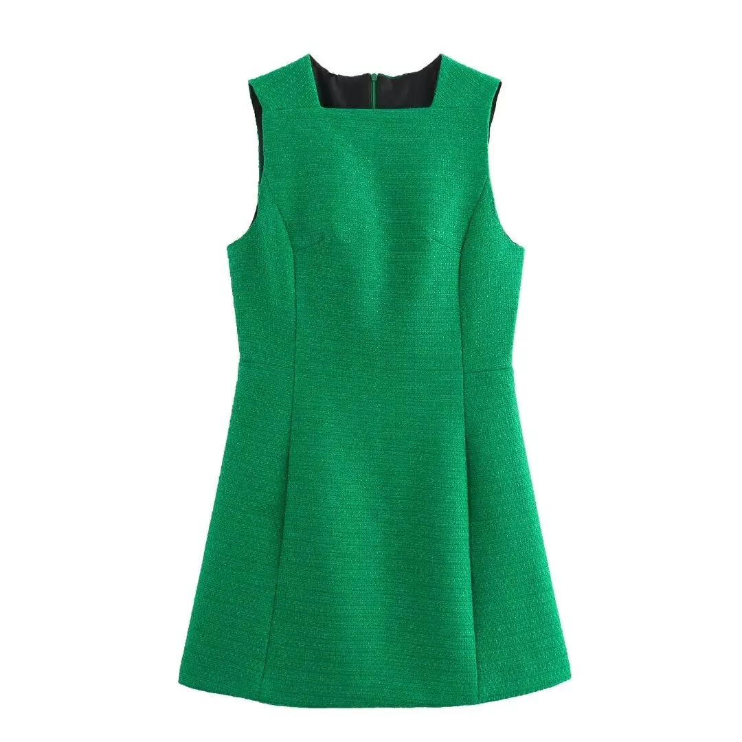 thumbnail image 1 of TRAFZA Vestido corto femenino de verano con cuello cuadrado, sin mangas, con cremallera en la espalda y puntada en forma de A, 1 of 4