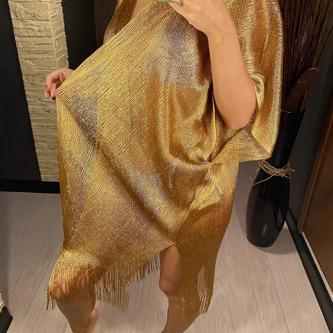 Sexy Fringe Tassel Mesh Sheer Shiny Knitted Tunic Beach Cover Up Cover-ups Beach Dress Beach Wear Beachwear Female Women