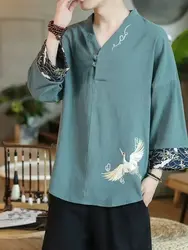 Summer Traditional Chinese Linen Tang Suit Men Hanfu Style White Men's Cotton Linen Tops T Shirt Men Kungfu Clothes Tang Suit
