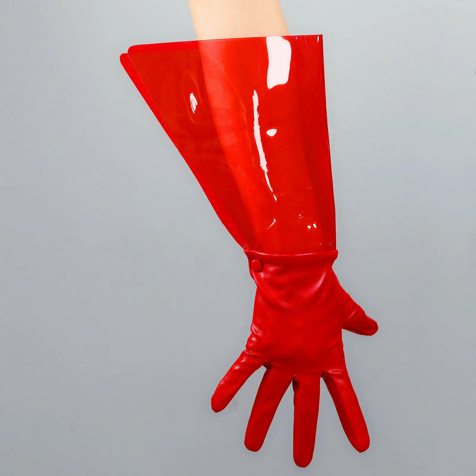 

RED PVC GLOVES CLEAR Plastic Sleeves Faux Leather 38cm Long Ruffle Transparent Cosplay Dressing Party Fashion Halloween Glove