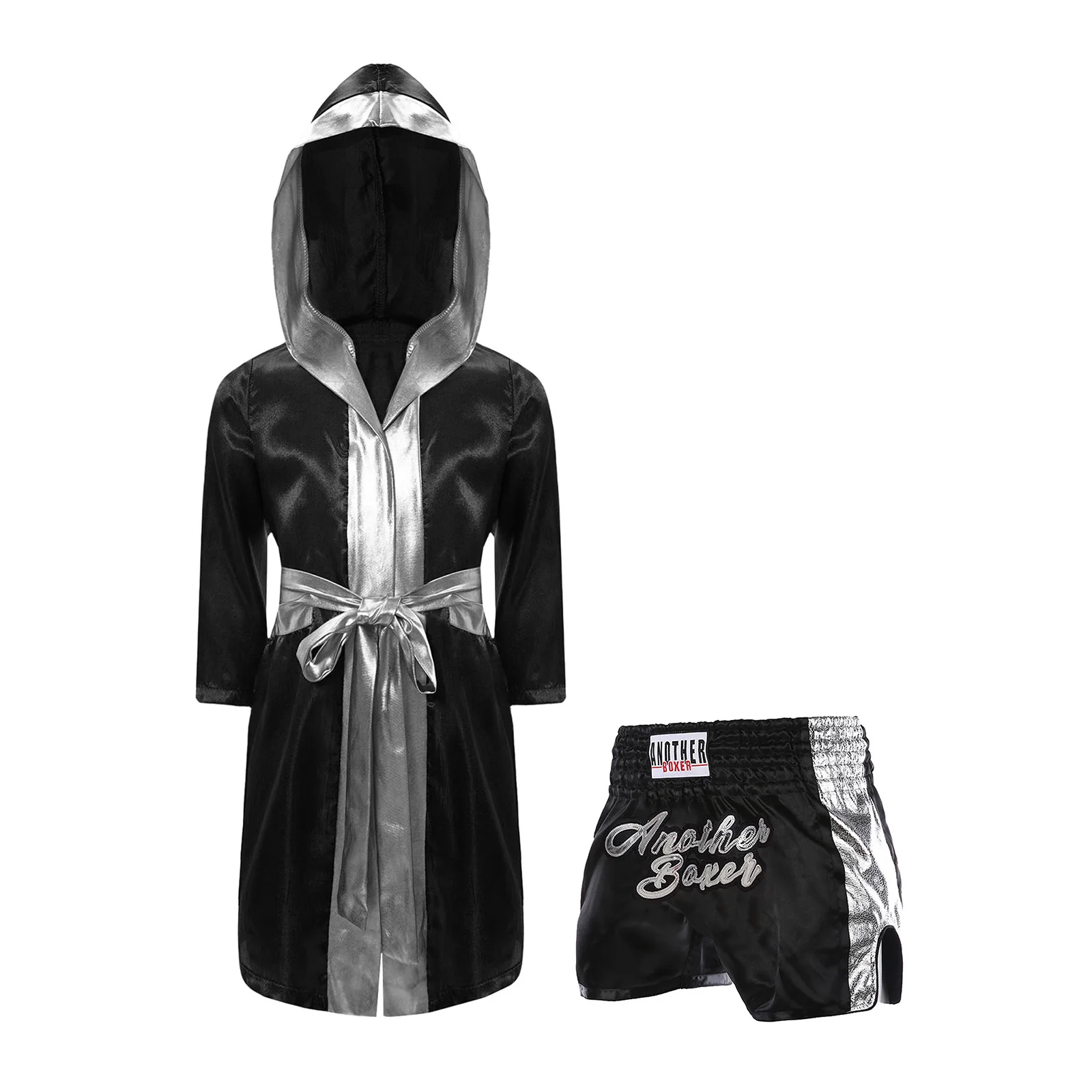 Children Boys Boxing Outfit Halloween Cosplay Costume Kid Long Sleeve Metallic Trim Satin Belted Robe Hooded Cloak+Short Set