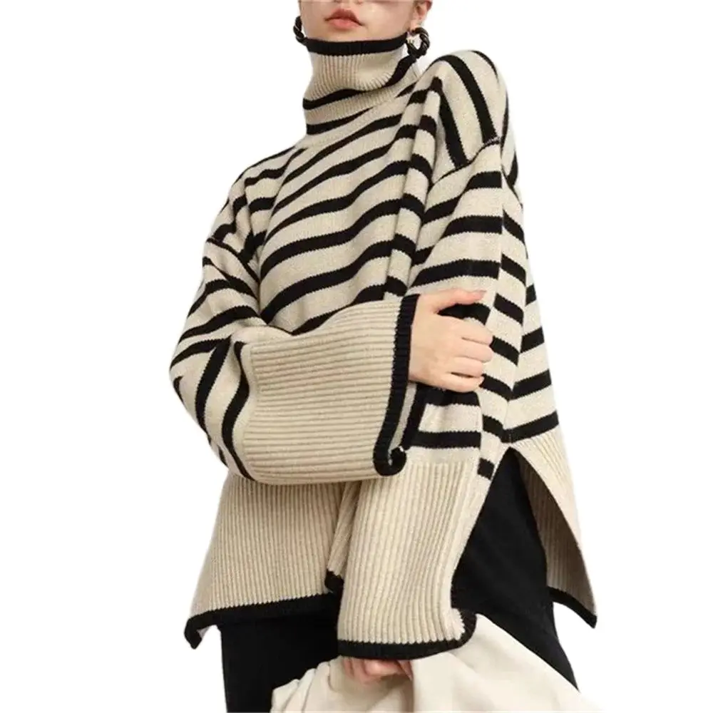 

Autumn/Winter Euro-American Style Knitwear Turtleneck Pullovers Women High Collar Striped Side Slit Long Sleeve Loose Sweater