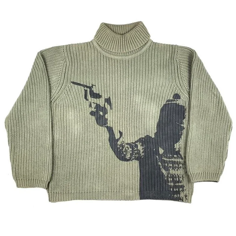 

Men's Vintage Knit Sweaters Fall/Winter Pullover Sweater Turtleneck Unisex Y2K Harajuku Oversized Sweater Print Chic Aesthetics