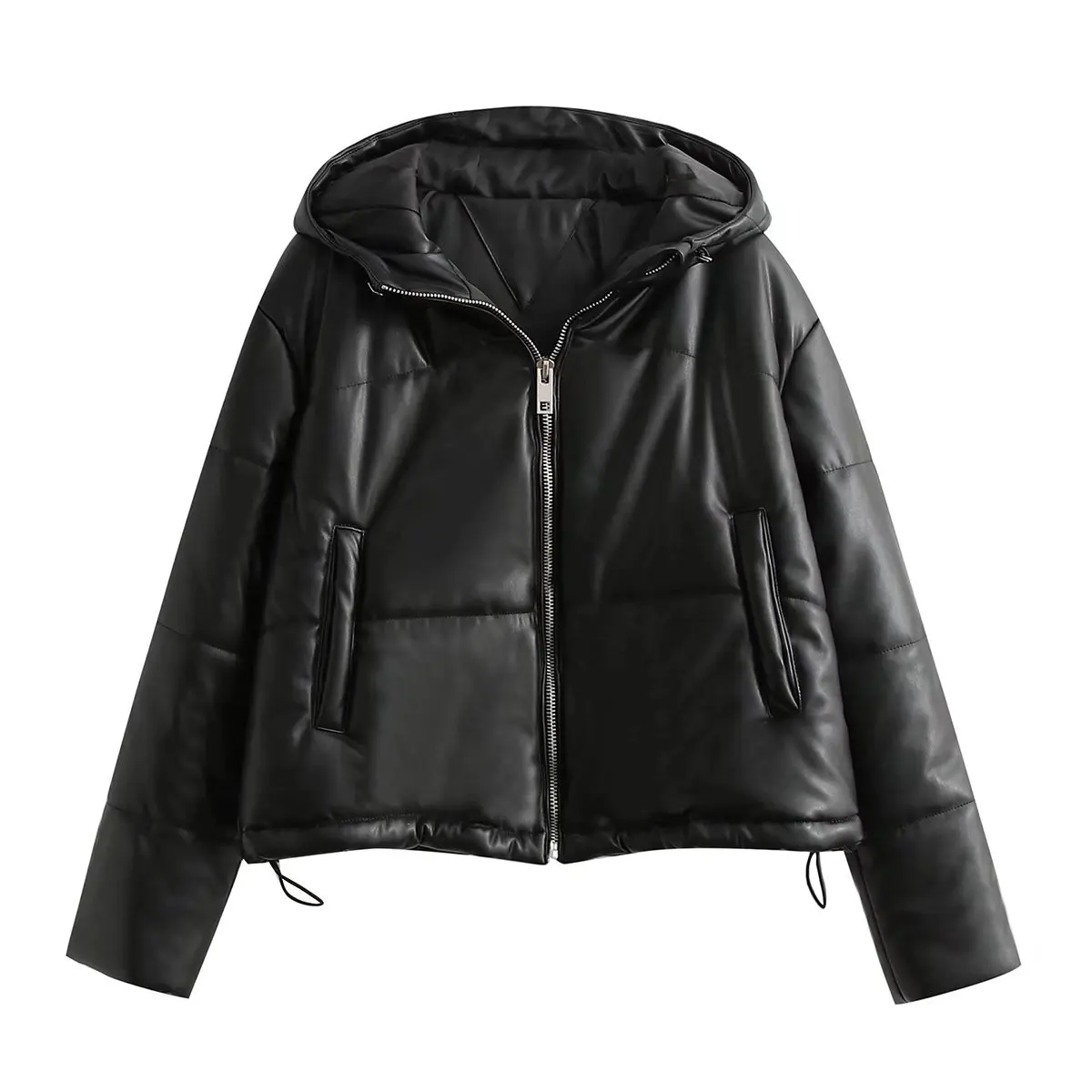 

DEARIRIS Women's Faux Leather PU Loose Casual Drawstring Hooded Puffer Jacket Padded Winter Coat