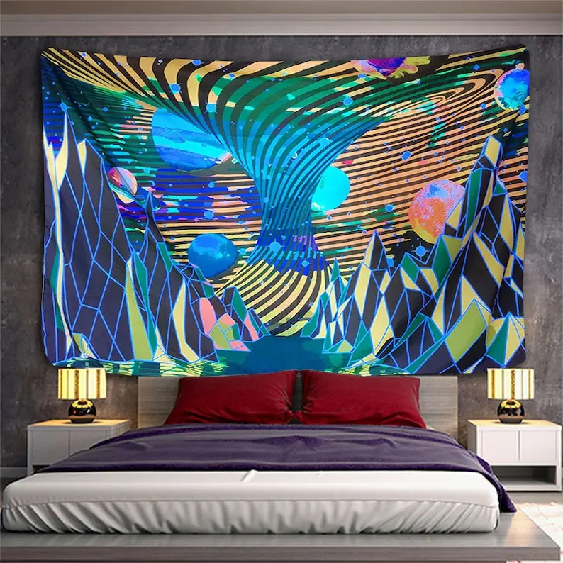 

Planet&Mountains Blacklight Tapestry Psychedelic Luminous Tapestry Wall Hanging UV Reactive Aesthetic Tapestries Home Dorm