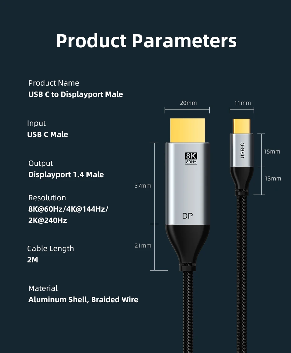 Cabletime USB-C to DisplayPort Cable 8K 60Hz DP 1.4