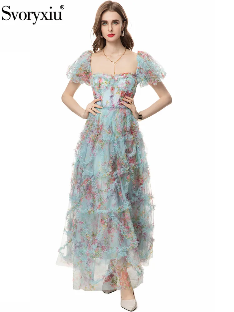 

Svoryxiu Runway Fashion Summer Elegant Floral Print Midi Dress Women's Square Collar Flounces Sleeve Net Yarn Big Swing Dress