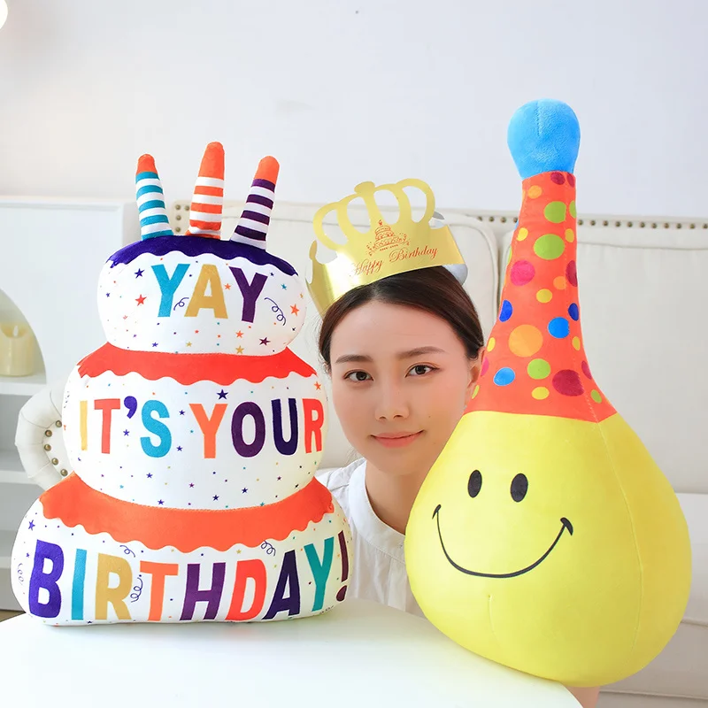 Creative Simulation Happy Birthday Cake Plush Throw Pillow Toy Cute Stuffed Festival Party Cap Plushies Soft Kids Toys for Child силиконовая лопатка cake me happy на формовой подложке 5 х 24 см