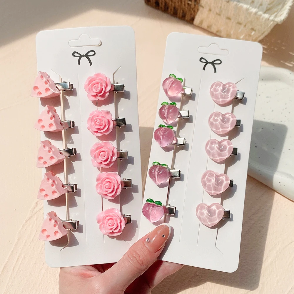 5Pcs/Set Cute Pink Mini Kids Bows Hair Clips For Girls Lovely Heart Hairpins Cartoon Flower Handmade Headwear Hair Accessories japanese and korean cartoon cartoon series hand ledger gift box set students lovely girls heart bronzing technology notebook set