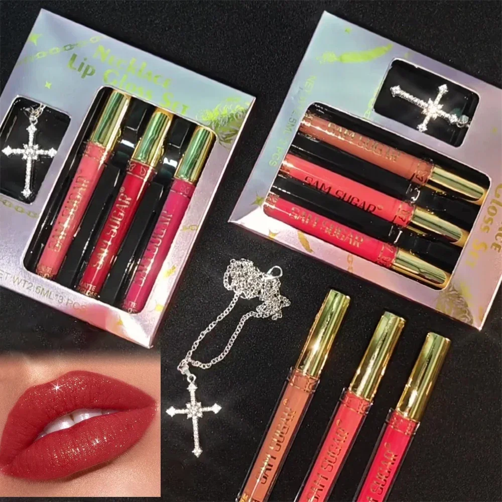 3Pcs/Set Lipgloss With Necklace Makeup Velvet Matte Liquid Lipstick Mirror Lip Gloss Waterproof Lasting Lip Stick Cosmetics Gift 5