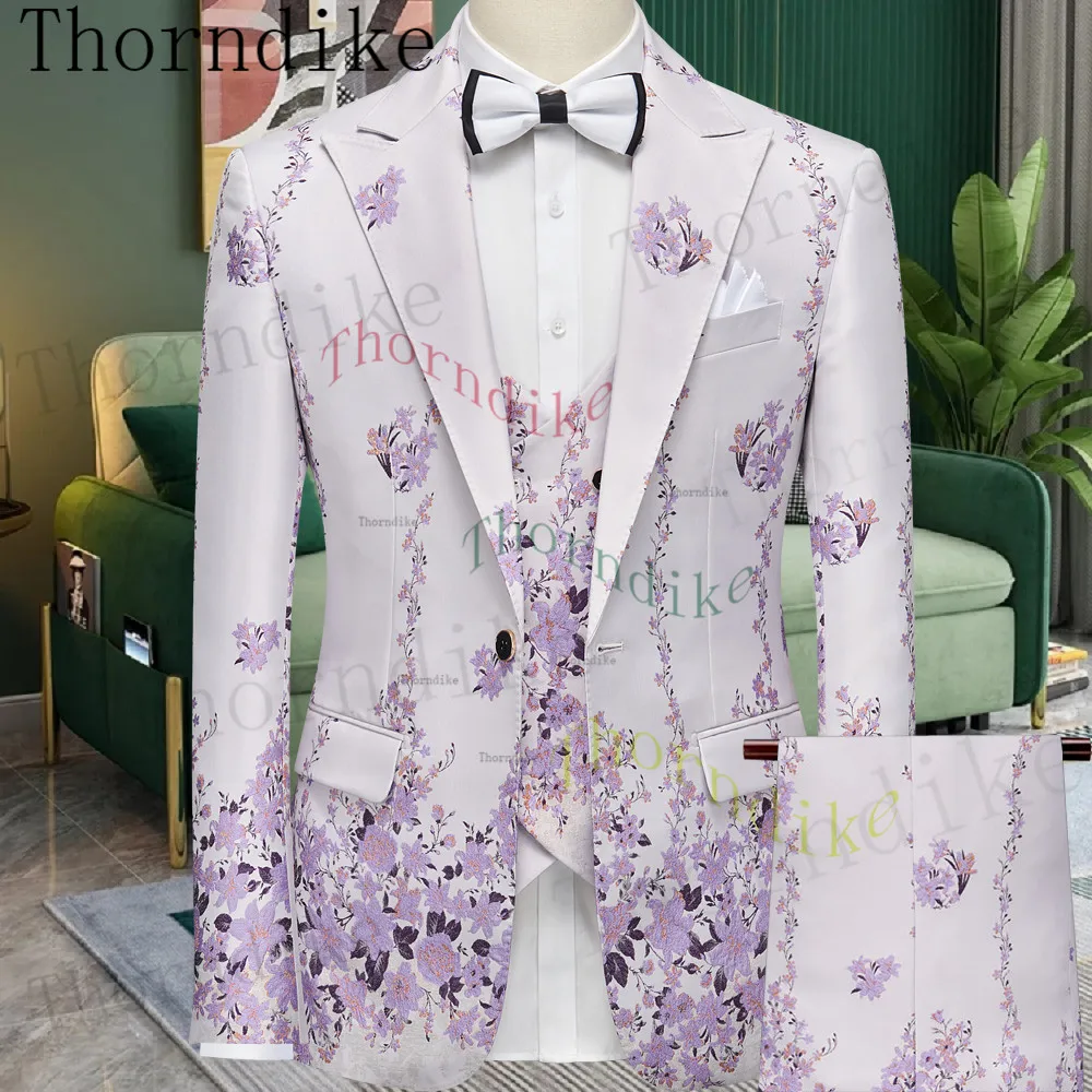 Thorndike Lilac Purple Floral Pattern Tuxedos 3 Pieces Formal Party Costume Homme Slim Fit Men Suits (Blazer + Vest + Pants)