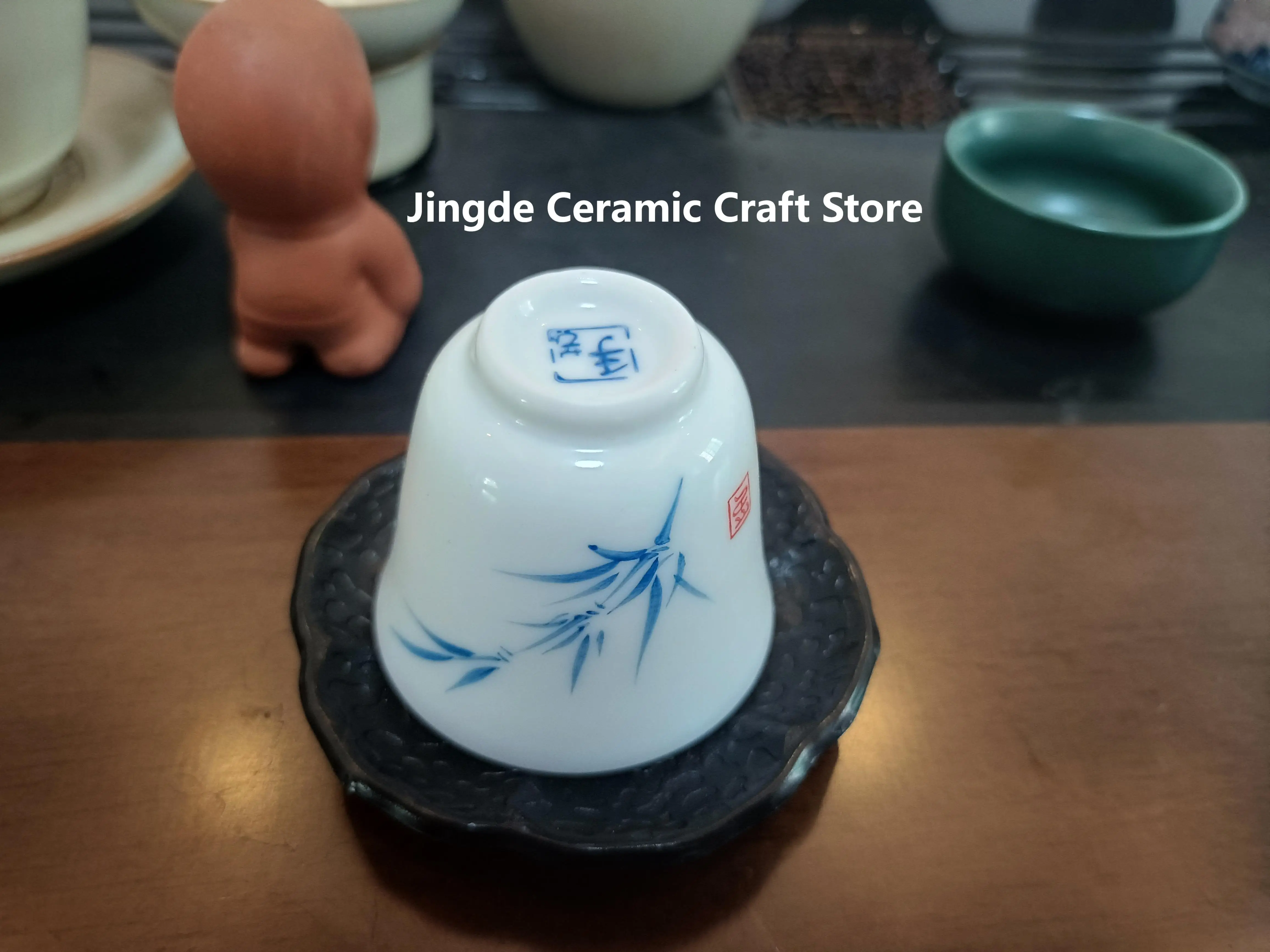 Jingdezhen Hand-painted Kung Fu Tea Cup, Master Hand Drawn Tea Cup And Coaster Set。 Bamboo Representing Wealth And Prosperity