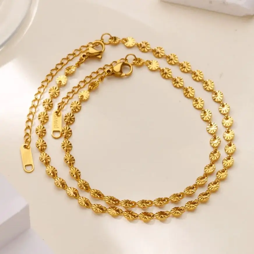 Stainless Steel Bracelets Gold Color Geometric Textured Round Link For Women