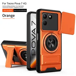 Magnetic Car Holder Shockproof Case with Slide Lens Cover for POVA 7 pro (Orange)