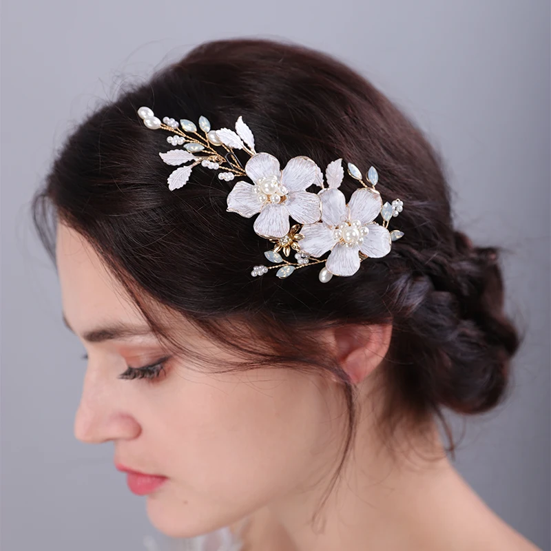 Handmade Hair Clip Gold Flower Bridal Headband Alloy Leaf Wedding Hair Accessories Tiara for Women Headpiece Brides Headdress