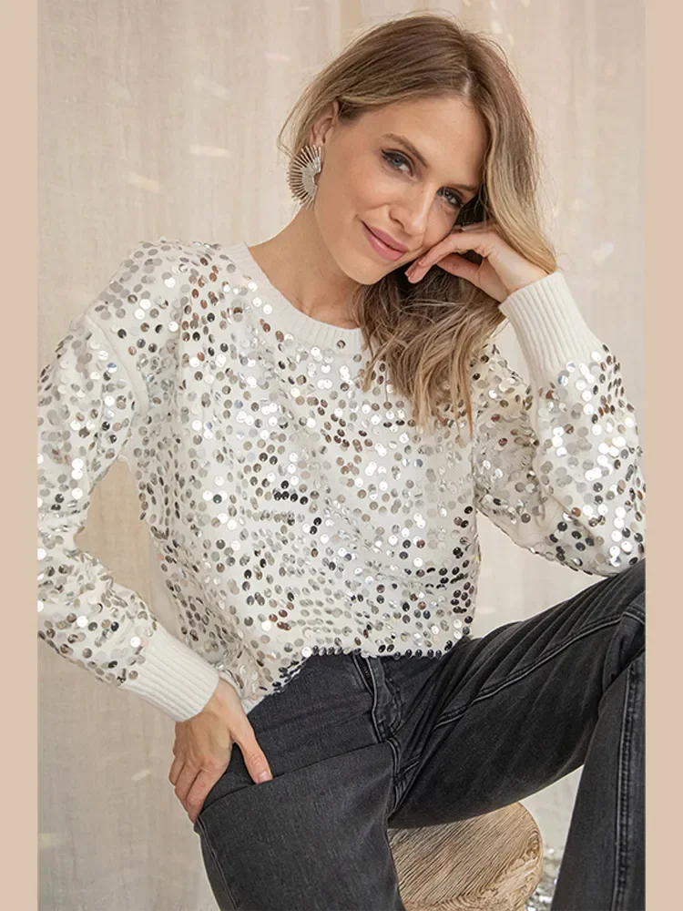

Women O Neck Sequins Knitted Pullover Fashion Shiny Long Sleeve Chic Female Jumpers 2023 Autumn Lady Party Club Street Knitwear