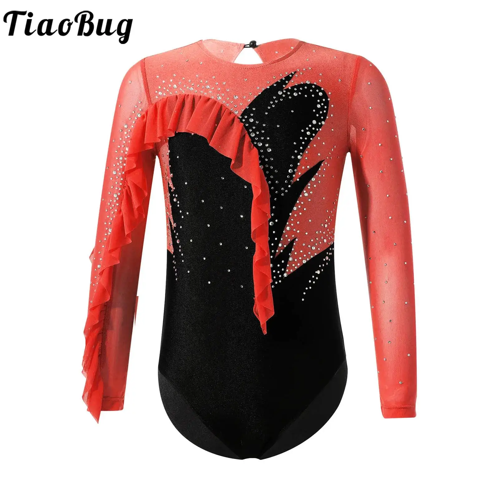 

Kids Girls Ballet Clothing Rhinestone Patchwork Mesh Bodysuit Leotard Gymnastic Costumes Ice Skating Dance Competition Dresses