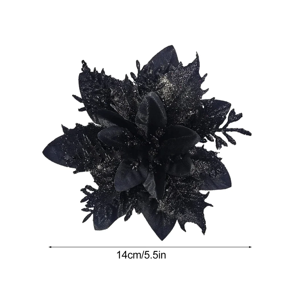 Glitter Artificial Christmas Flowers 12PCS 14cm with Clips Xmas Tree Ornaments for Home New Year Gifts Navidad