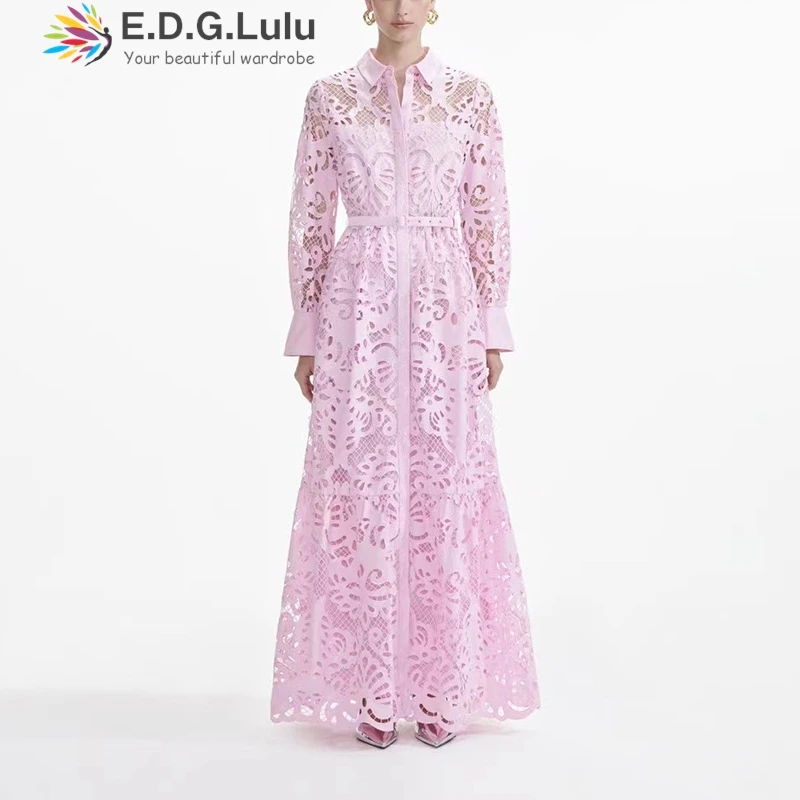 

EDGLuLu длинные платья с отложным воротником и длинным рукавом розового цвета для женщин 2024 роскошное модное кружевное платье с вышивкой и поясом 0709