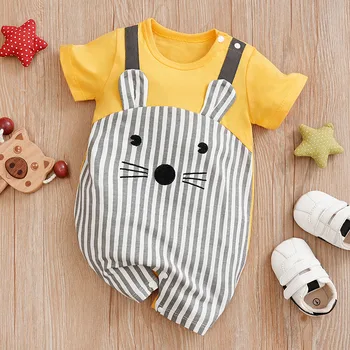 Newborn Baby Clothes Unisex Standing ear mouse pattern Summer cotton Short Sleeve Romper Infant Toddler Pajamas One Piece Outfit