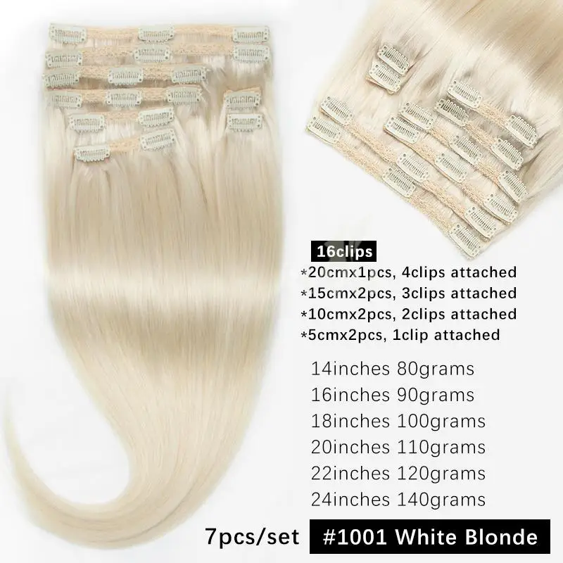 White Blonde #1001 Clip In Hair Extension Human Hair Extensions Natural Real Hair 7pcs/set Clip-On Hair Full Head 14