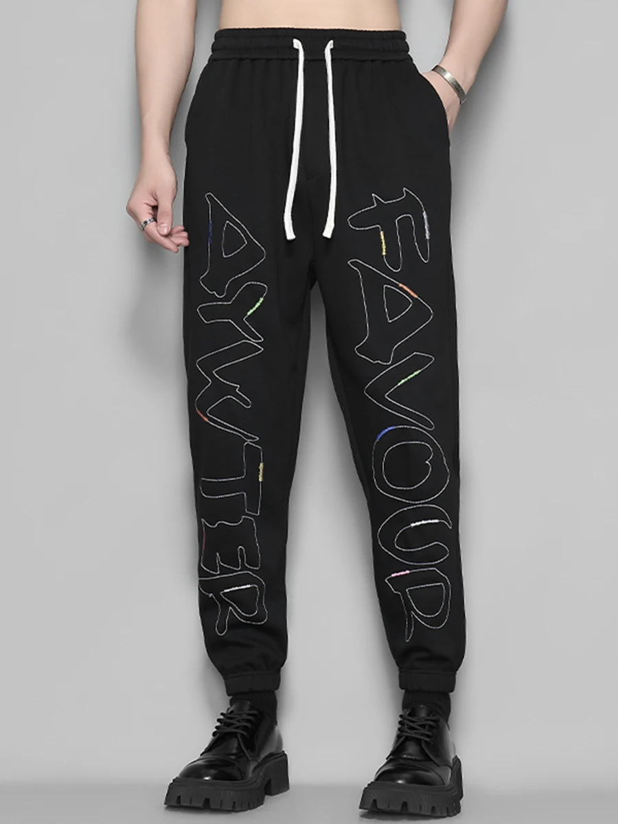

New Autumn English Character Letter Embroidery Casual Stretch Foot nine-point Pants For Men Black