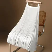 Women Pleated Skirt Solid Color Smooth Satin A-Line Skirt Elegant Elastic High Waist Pleated Skirt Work Leisure Wear 1